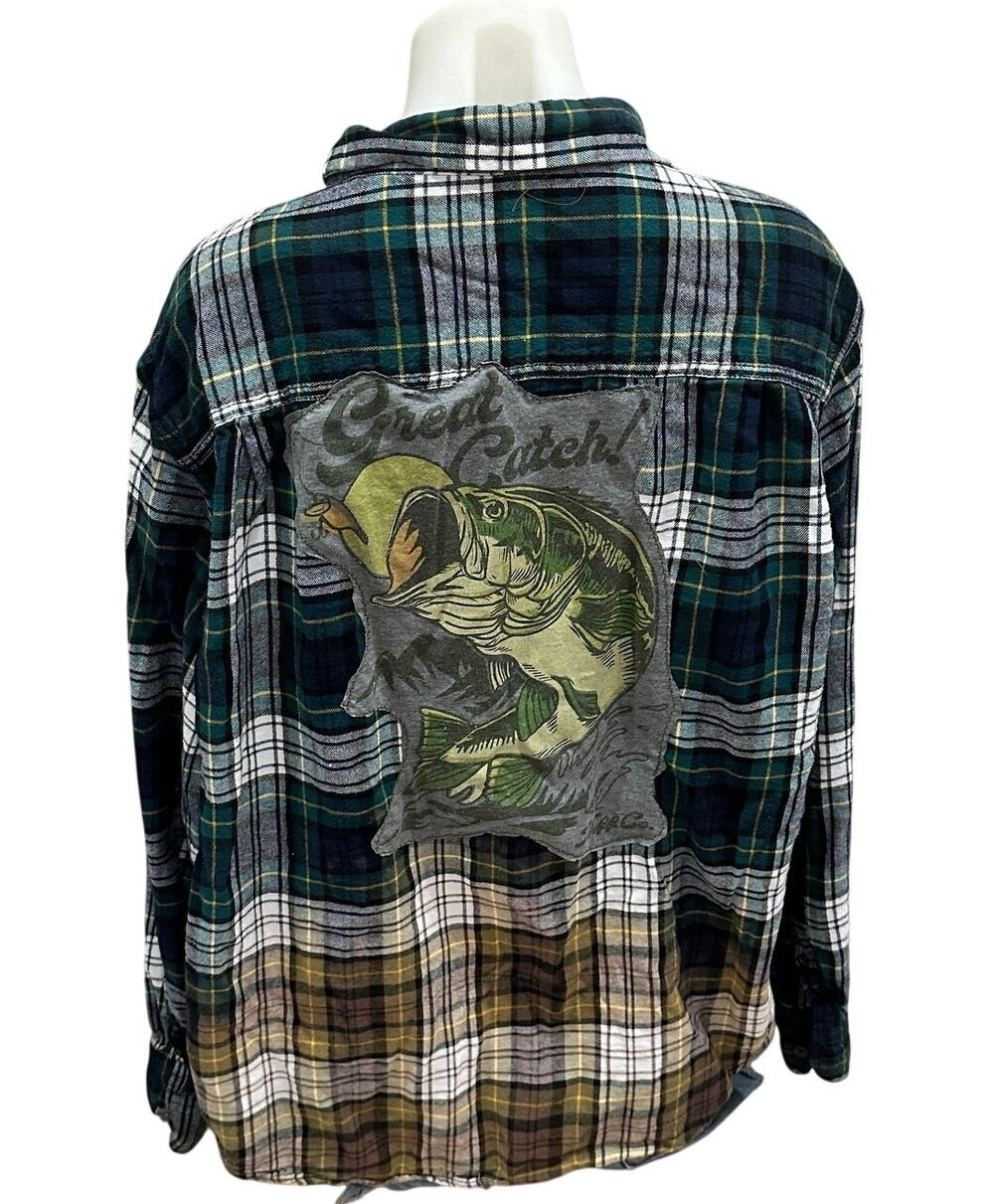 Fishing Plaid Flannel Shirt XXL Oversized Camping Upcycled Unique Fisherman Gift